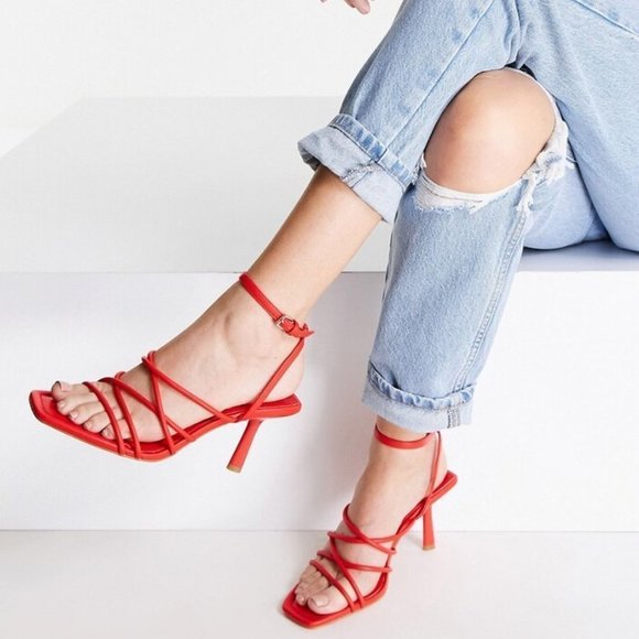 Revolve Tony Bianco Selena Heel Red Patent Leather Strappy Square Toe Stilettos - Picture 16 of 16